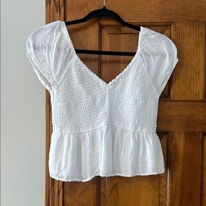 White Smocked V-Neck Top